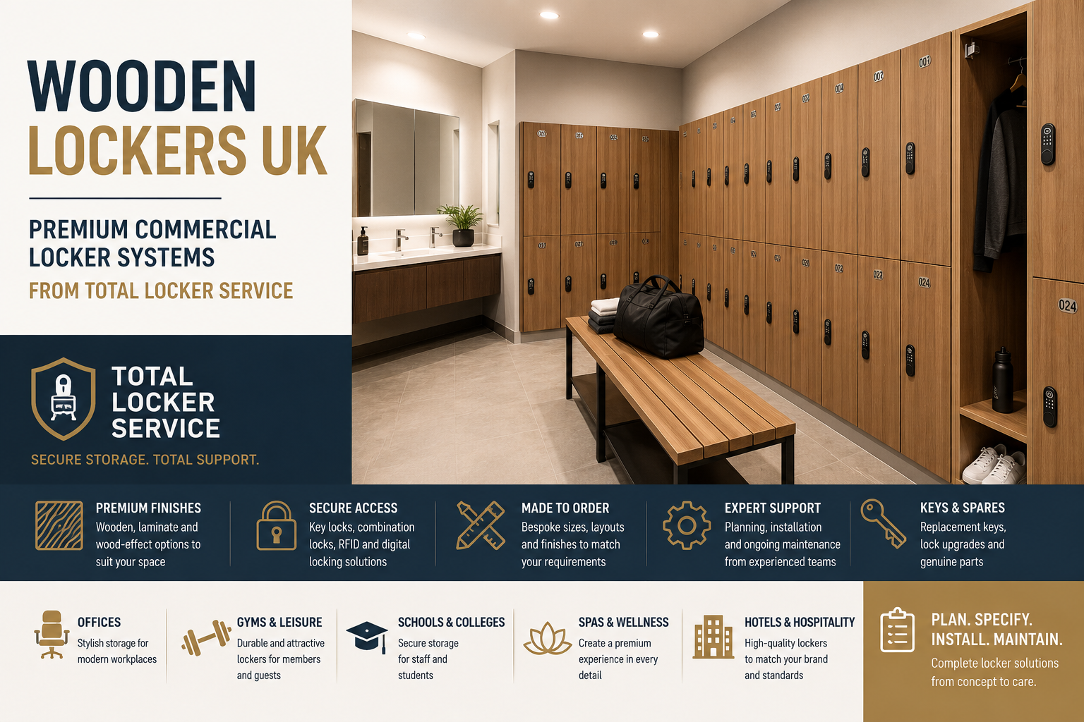Modern wooden locker system for offices, gyms and commercial changing rooms with secure locker access, premium finishes and locker planning by Total Locker Service.